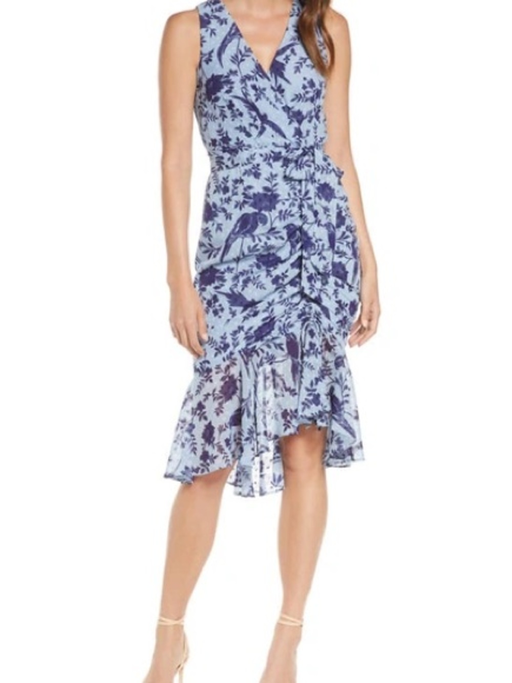 NWT! Eliza J Floral Ruched Chiffon Faux Wrap Dress In Blue